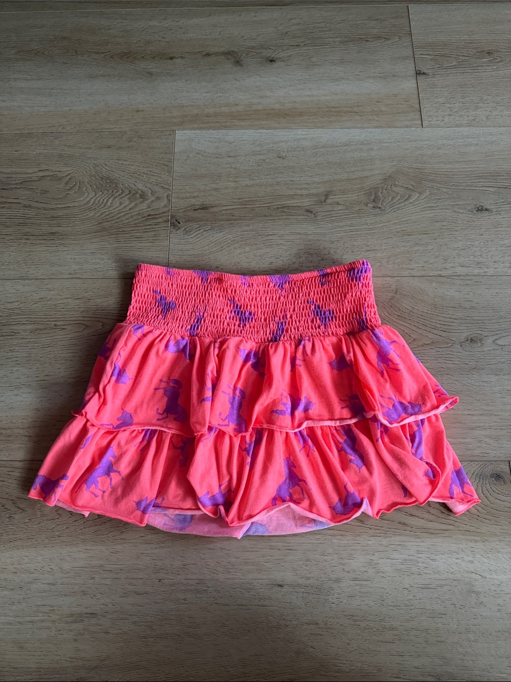 Girls Neon Coral Ruffle Skirt with Purple Print size 10